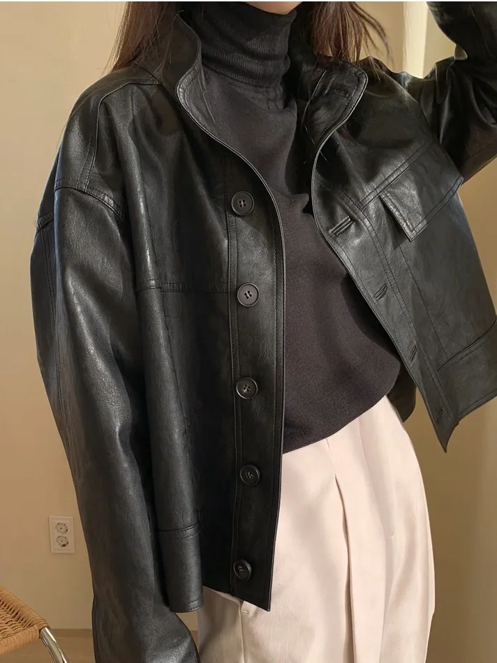 Retro coreano sle biker jaet feminino faion pesado bordado gola alta quali casaco de couro primavera nova chegada