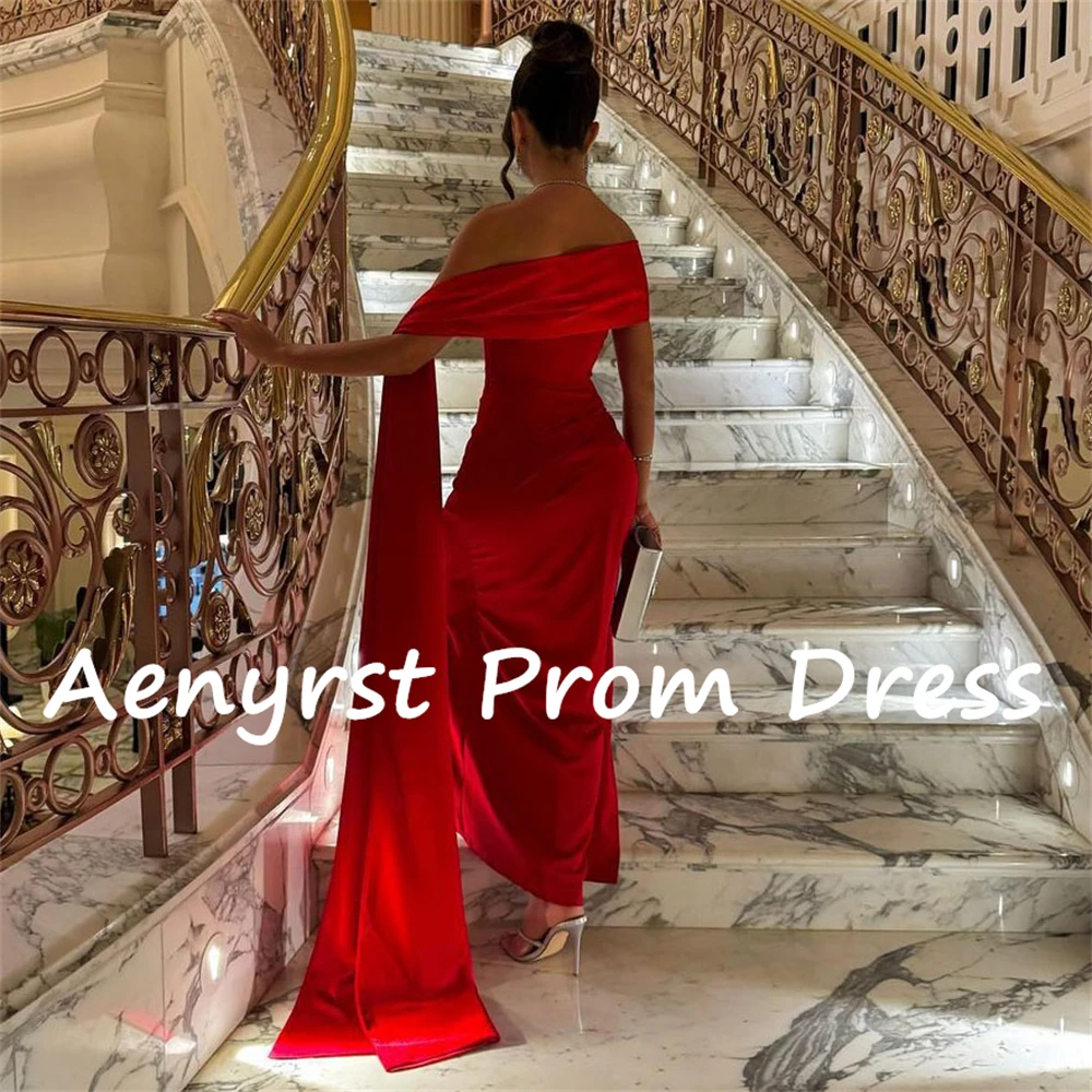 Aenyrst Red Mermaid Satin Prom Dresses With Cape Side Split Evening Gowns Ankle Length Christmas Party Dress Long فساتين السهرة