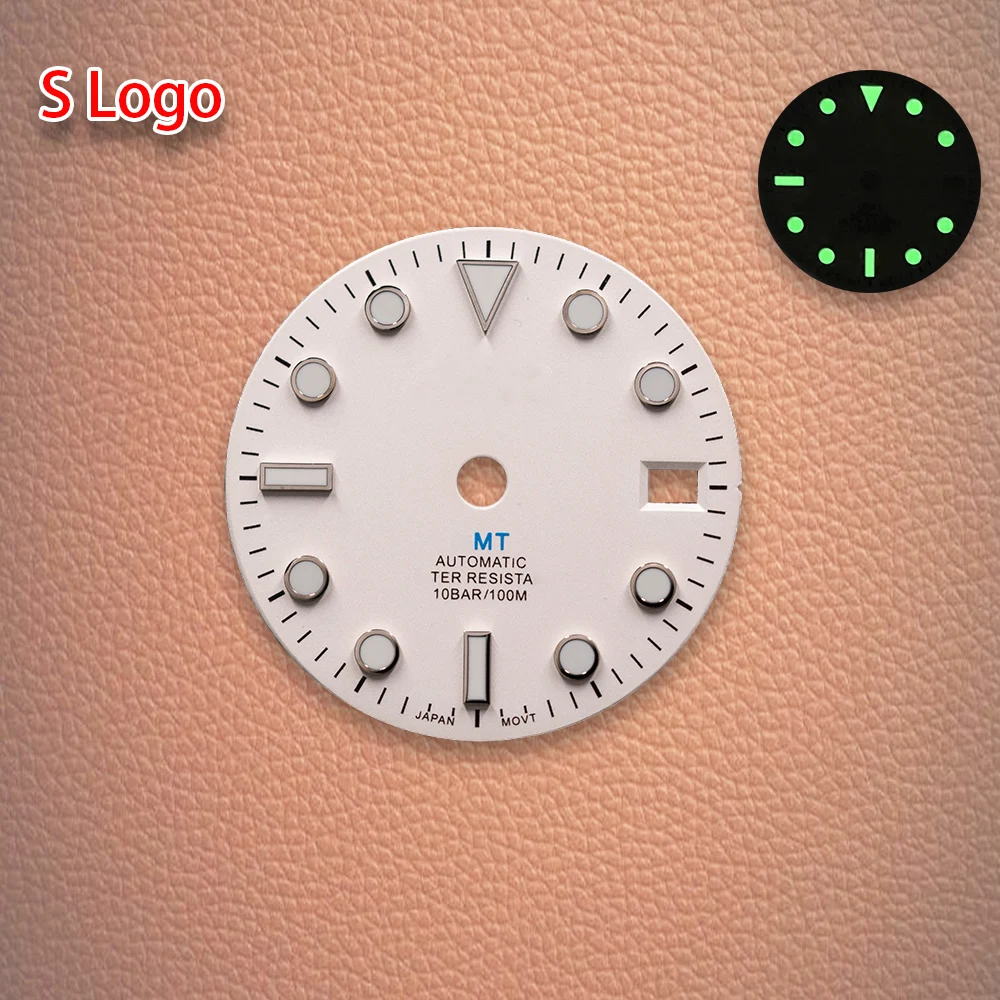S Logo 28.5mm White GMT dial with red font dial Suitable For NH34 Movement Ice Blue Luminous Watch Modification Accessories