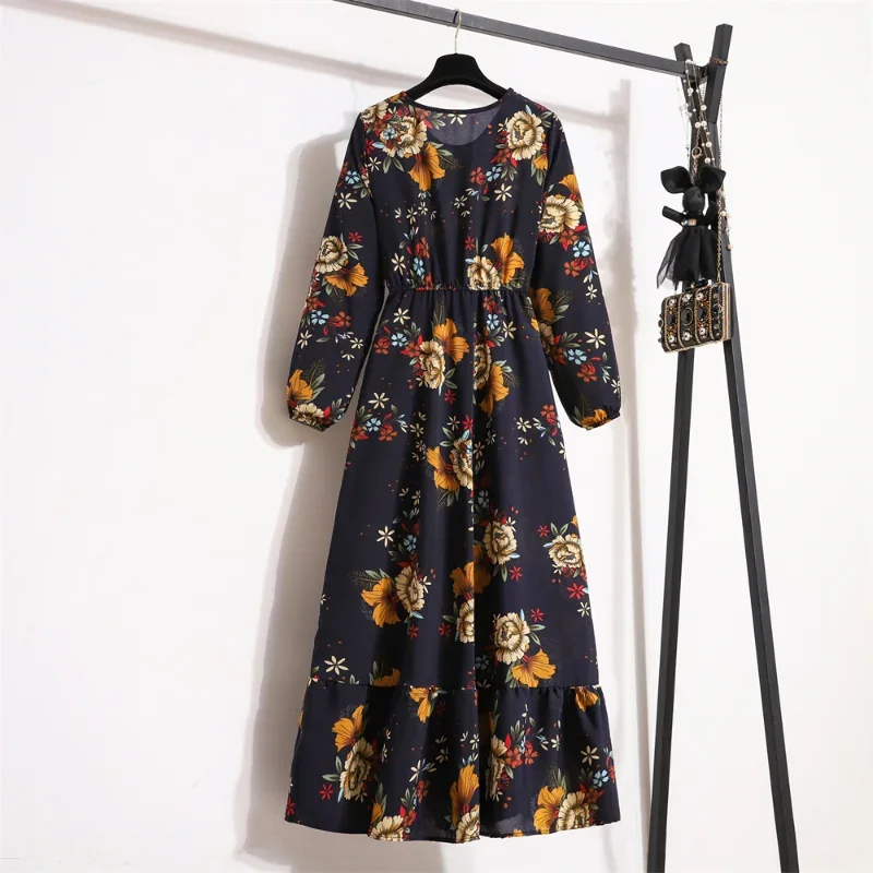 Autumn Spring Muslim Dresses Female Full Sleeve Vintage Printed Floral Casual A-line Long Dress Women Maxi Dresses Vestidoes