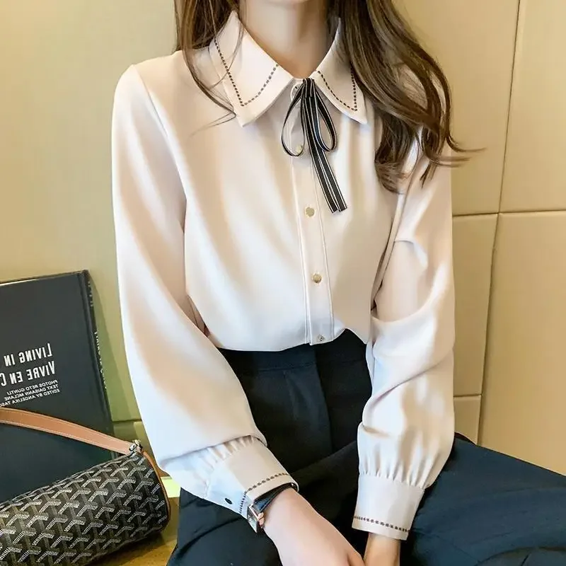 Mode Revers Effen Kleur Veterstrik Blouse Dameskleding 2024 Herfst Nieuwe Losse Casual Tops All-Match Office Lady Shirt X823