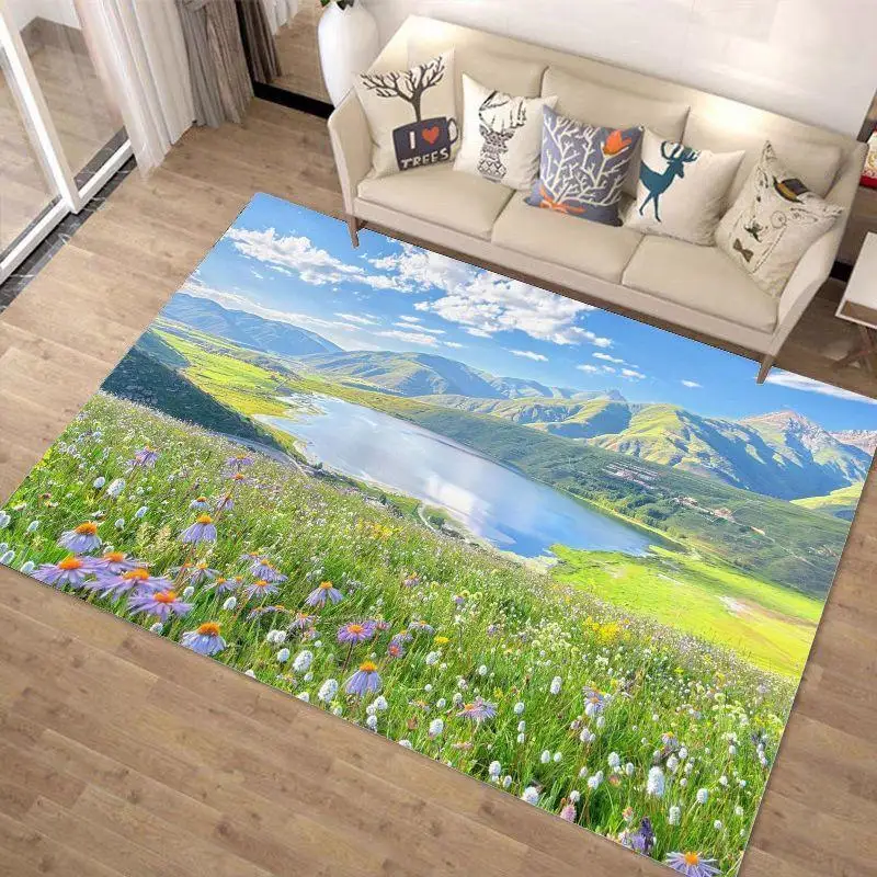 3Dlawn Grassland Scenery Fresh Style Living Room Carpet Antiskid Soft Dining Room Rug Easy Clean Machine Washable Cloakroom Mat