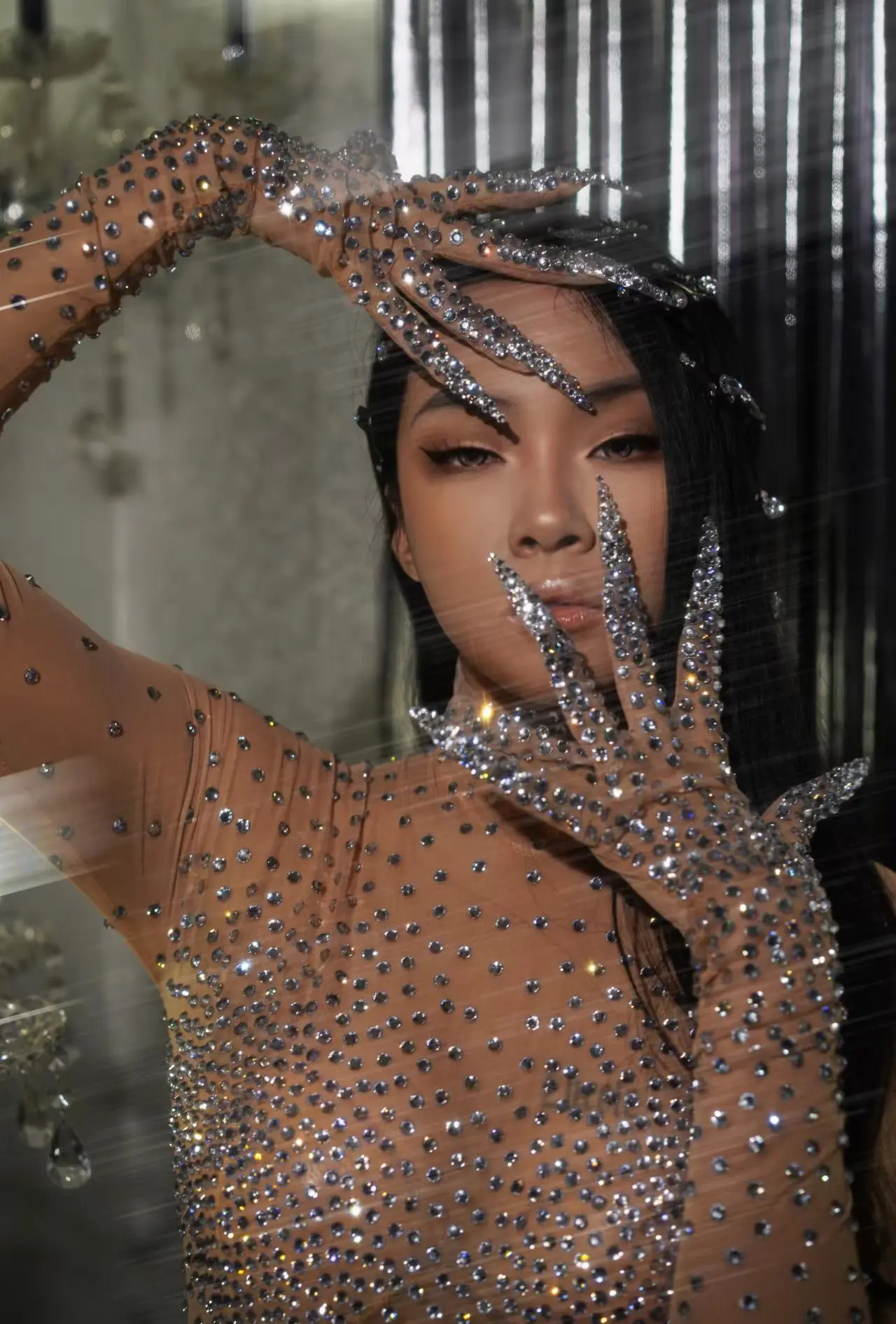 섹시 메쉬 라운드넥 핫 다이아몬드 시스루 긴팔 바디수트 여성용