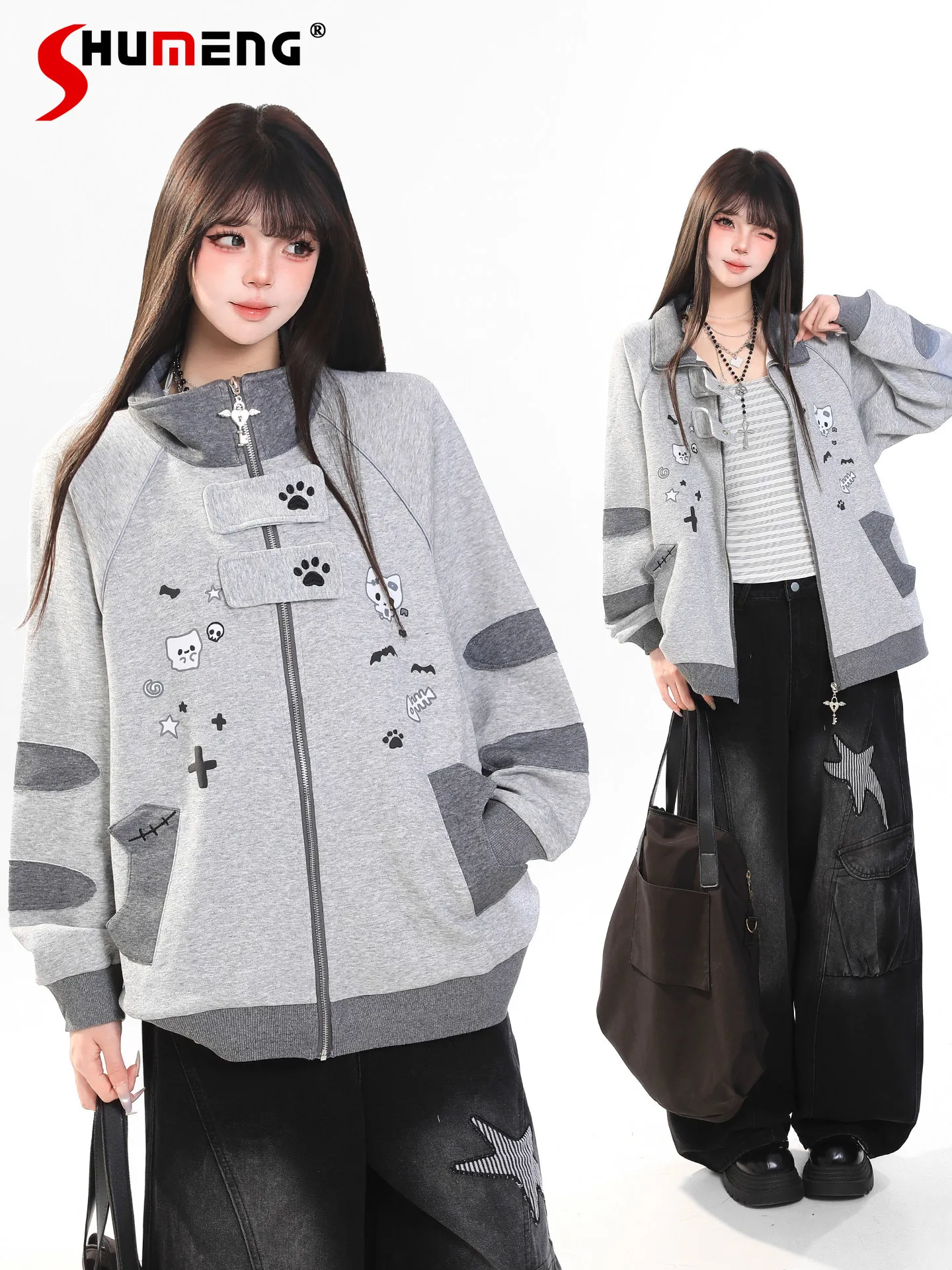 

Japanese Subculture Sweet Cool Girl Y2k Jacket Kawayi Print Stand Collar Long Sleeve Loose Casual Zipper Sweatshirt Women Spring
