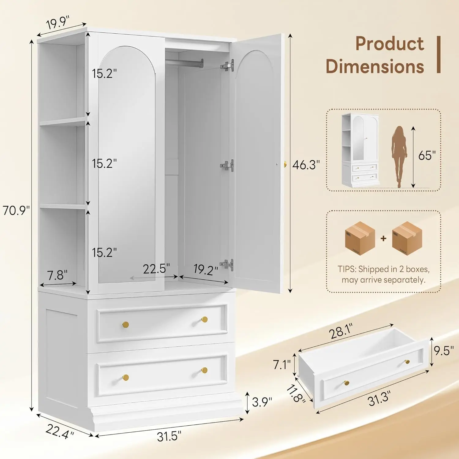 Armoire Wardrobe Closet with Full Length Mirror, 3 Open Shelves 71