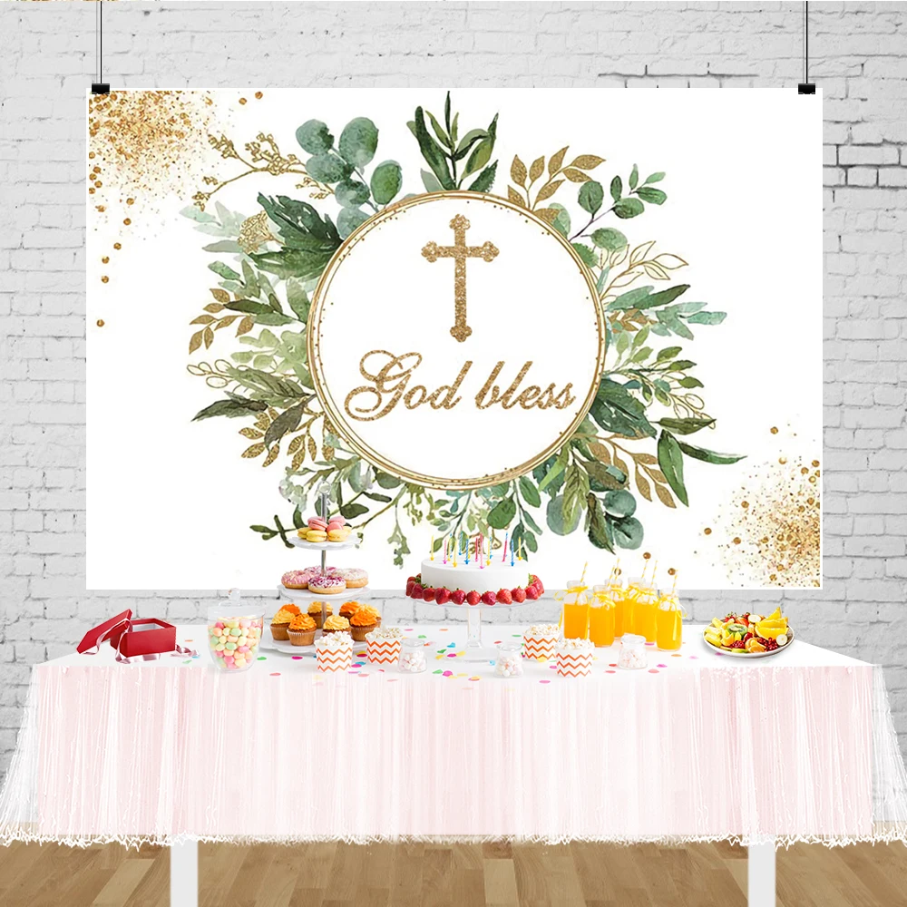 My First Holy Communion Backdrop Crucifix Gold Glitter Chalice  Poster Newborn Baptism Photo Background Custom Christening Decor