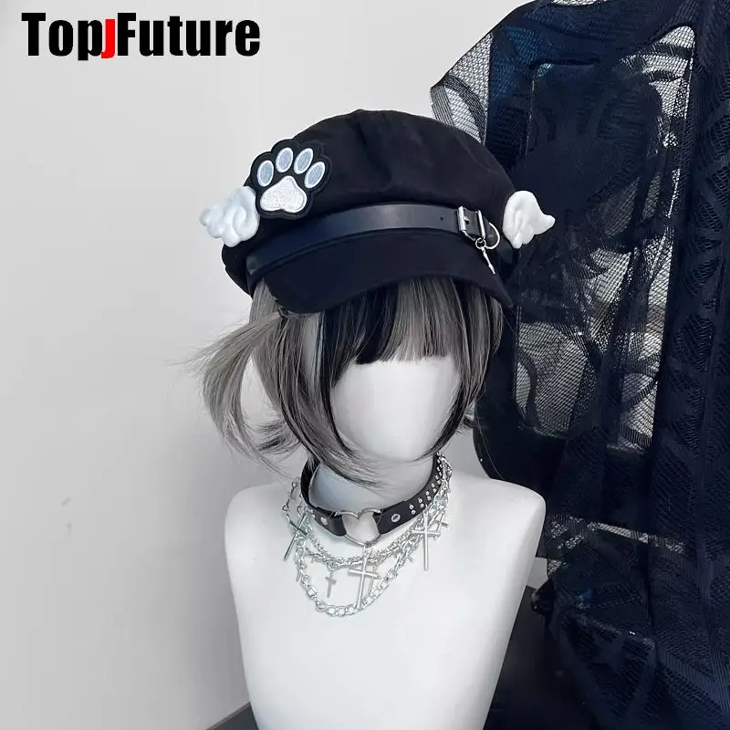 Wholesale Custom Make Customized Women Harajuku Gothic Lolita Beret hat Cap Y2K Girl Angel Wing Dog Dog paw handmake Sun hats