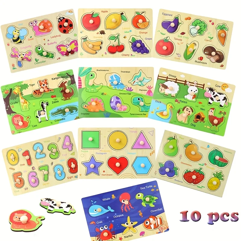 

10PCS Wooden Peg Puzzles for Toddlers Jigsaw Learning Puzzles for Kids Montessori Toys Alphabet Number Farm Animal Vehicle Shape