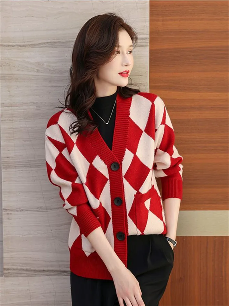 Sweater Coat Cardigan Ladies Spring And Autumn New Lazy Wind V-Neck Plus Size Solid Color Checkerboard Sweater Pocket Soft Coat