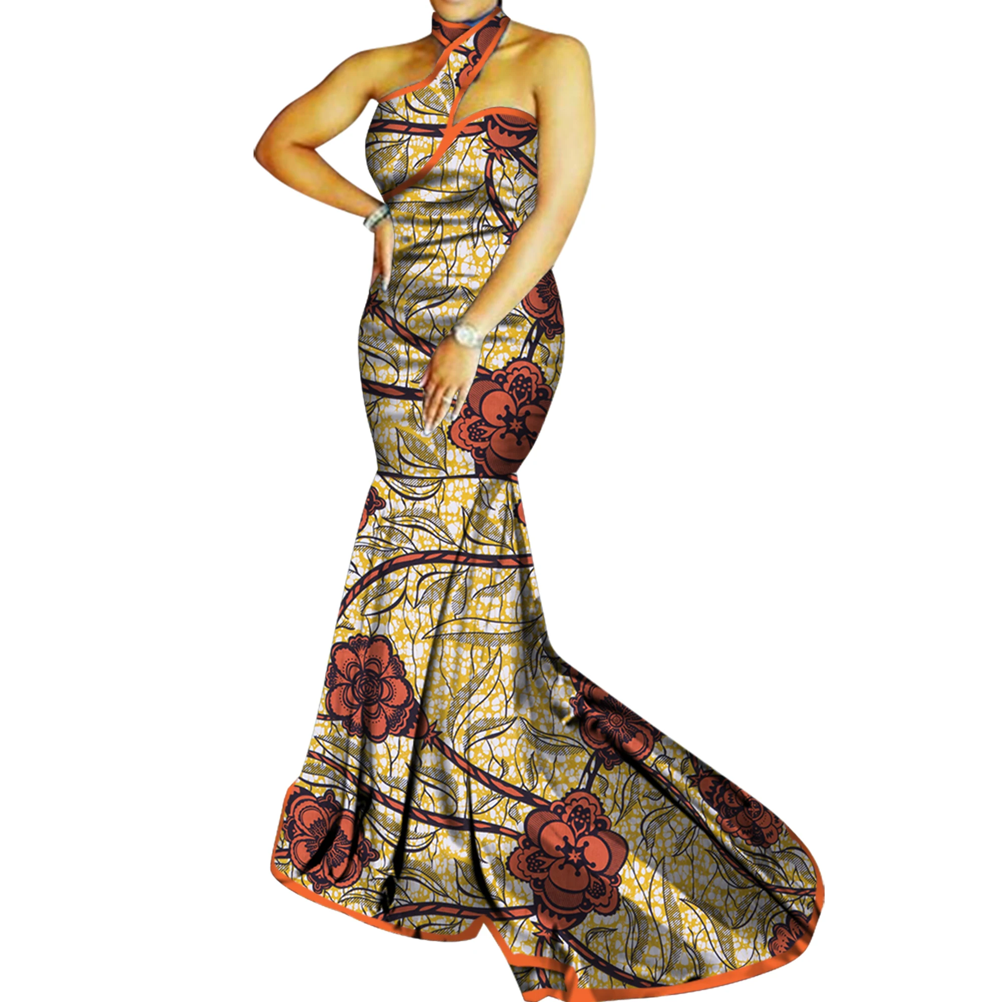 Elegant African Dress for Women Sexy Sleeveless Evening Dress Ankara Off Shoulder Dress Floor Length Maxi Party Dresses WY3934