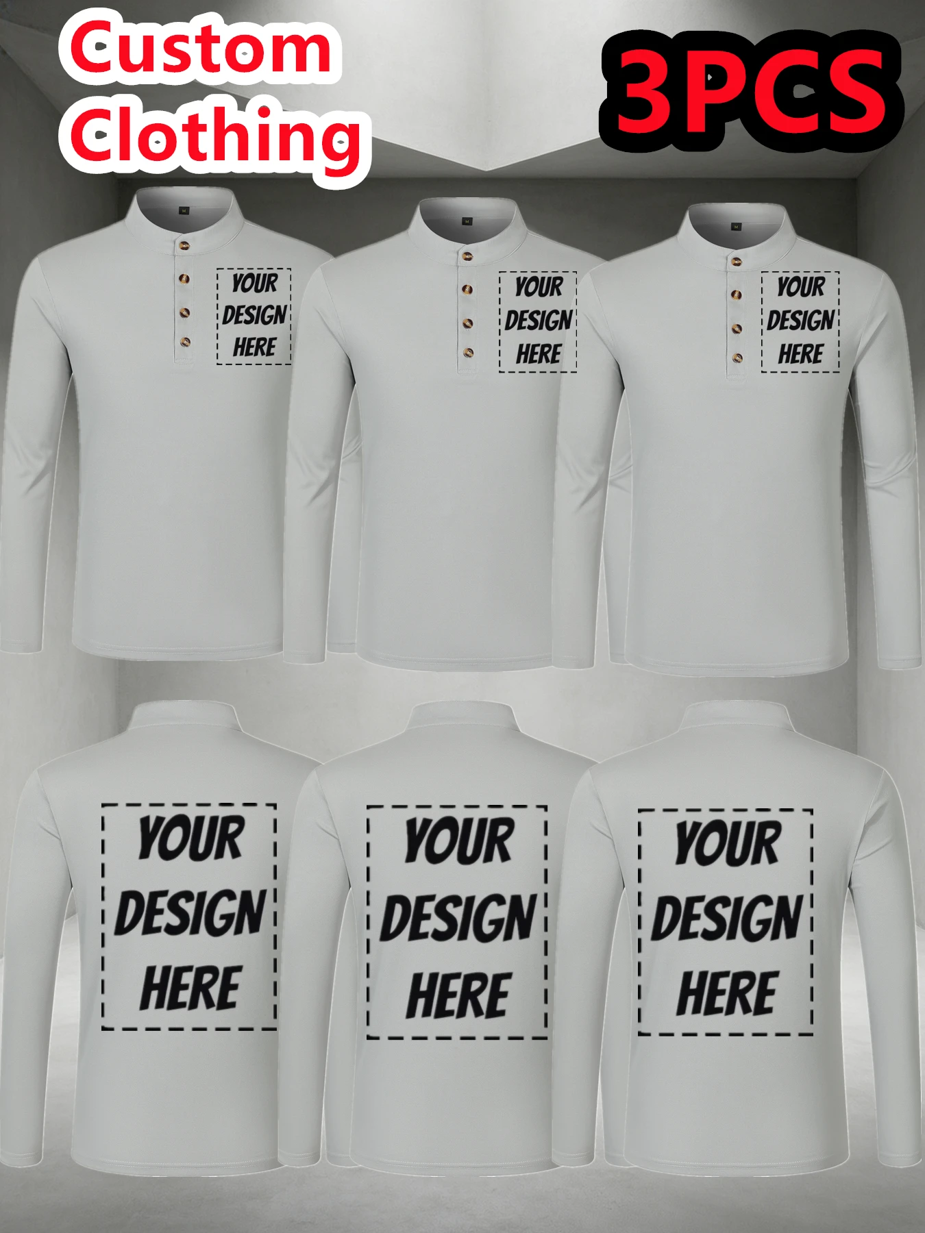 3-piece custom men's long-sleeved polo shirt, with personalized text/graphics/logos/images, solid color design