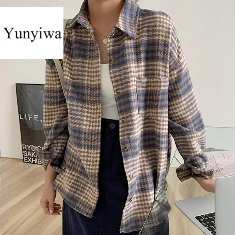 Winter Women Vintage Oversize Woolen Plaid Shirt Pockets Batwing Sleeve Turn-Down Collar Thick Blouse Autumn Casual Warm Outwear