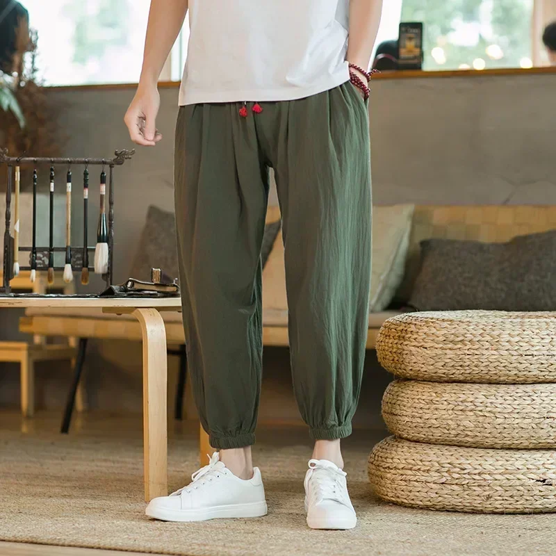 

Men's Summer Cotton and Linen Wide-leg Pants, Japanese Haren Fashion Loose Large-size Street Nine-point Lantern Pants M-5XL