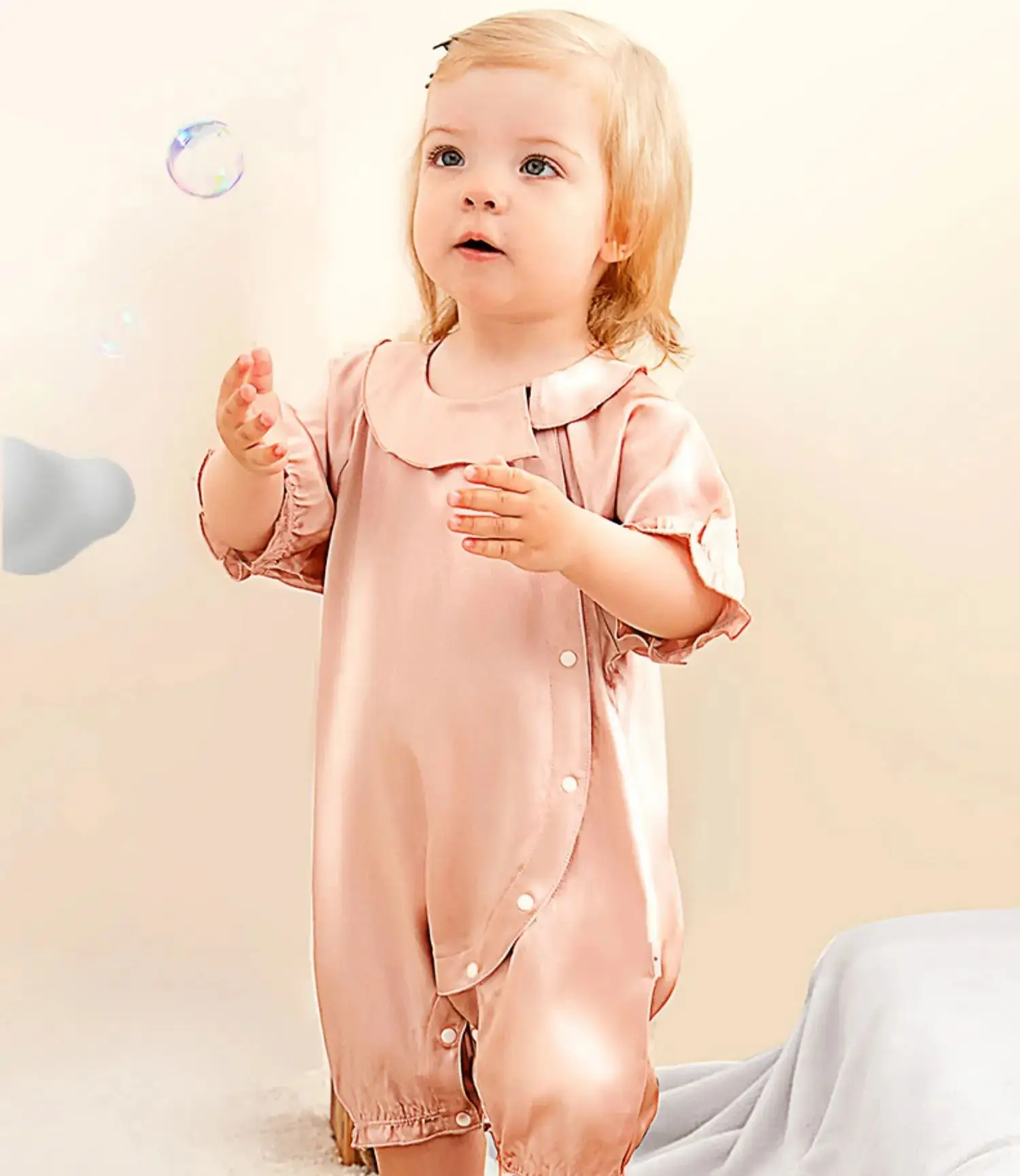 Birdtree 6A 19MM 100%Real Silk Baby Clothes Pajamas Buttons Casual Home Jumpsuit For Kids Skin Friendly 2024 Spring New S41250QM