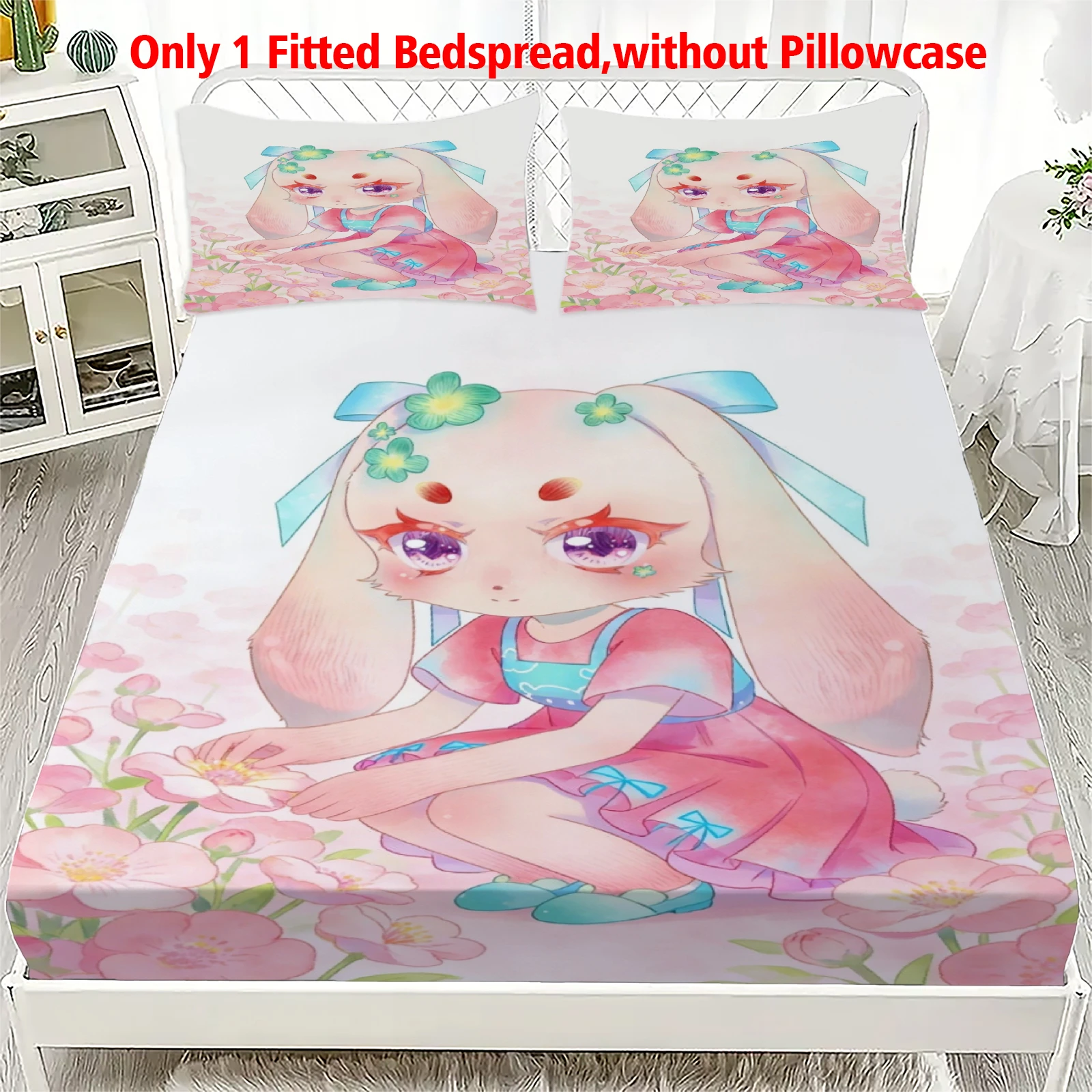 3pcs Fitted Sheet Set Soft Fluff Town Lulu-Sleepy Bunny Breathable Full Set Bedsheets for Home Decor with 2 Pillowcases For Kids