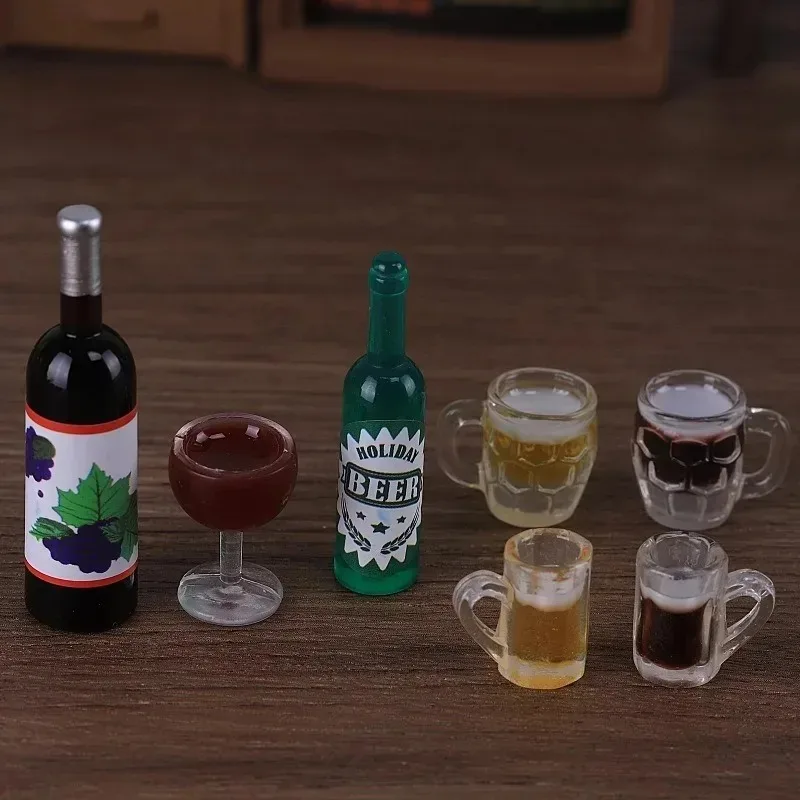 1/12 Dollhouse Mini Red Wine Bottle & Beer Cup Simulation Model Tabletop DIY Scene Accessories