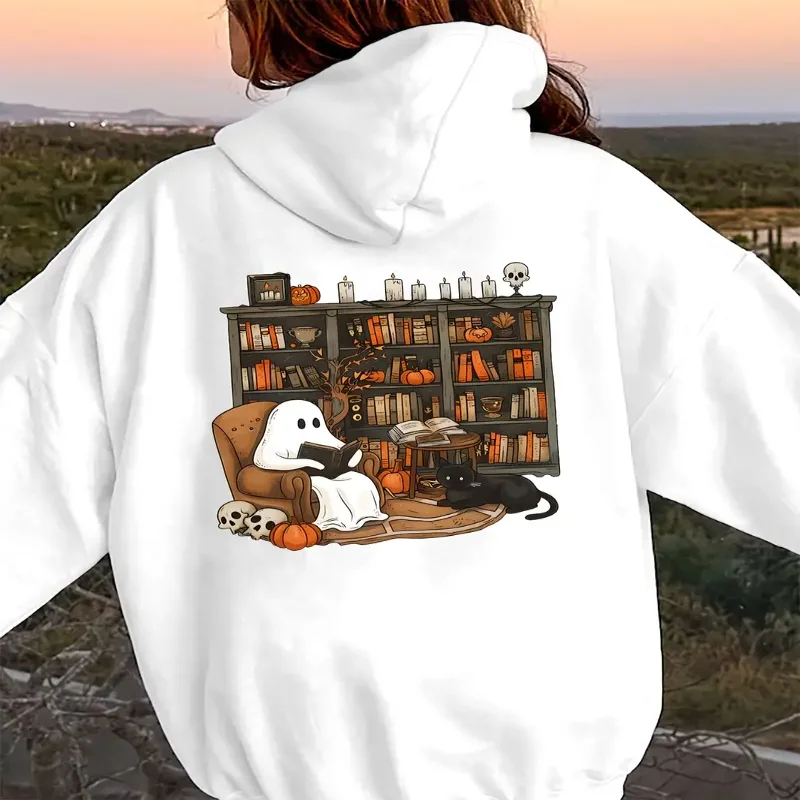 

Дизайн тыквы и летучей мыши, большие размеры, винтажная толстовка на Хэллоуин, уютный пуловер с принтом книги для чтения, мягкий карман-кенгуру, можно стирать в машине