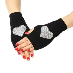 Women Gloves Rhinestone Fingerless Half Finger Thumb Hole Black Stretchy Autumn Winter Adults Gloves Stage Performance Supplies