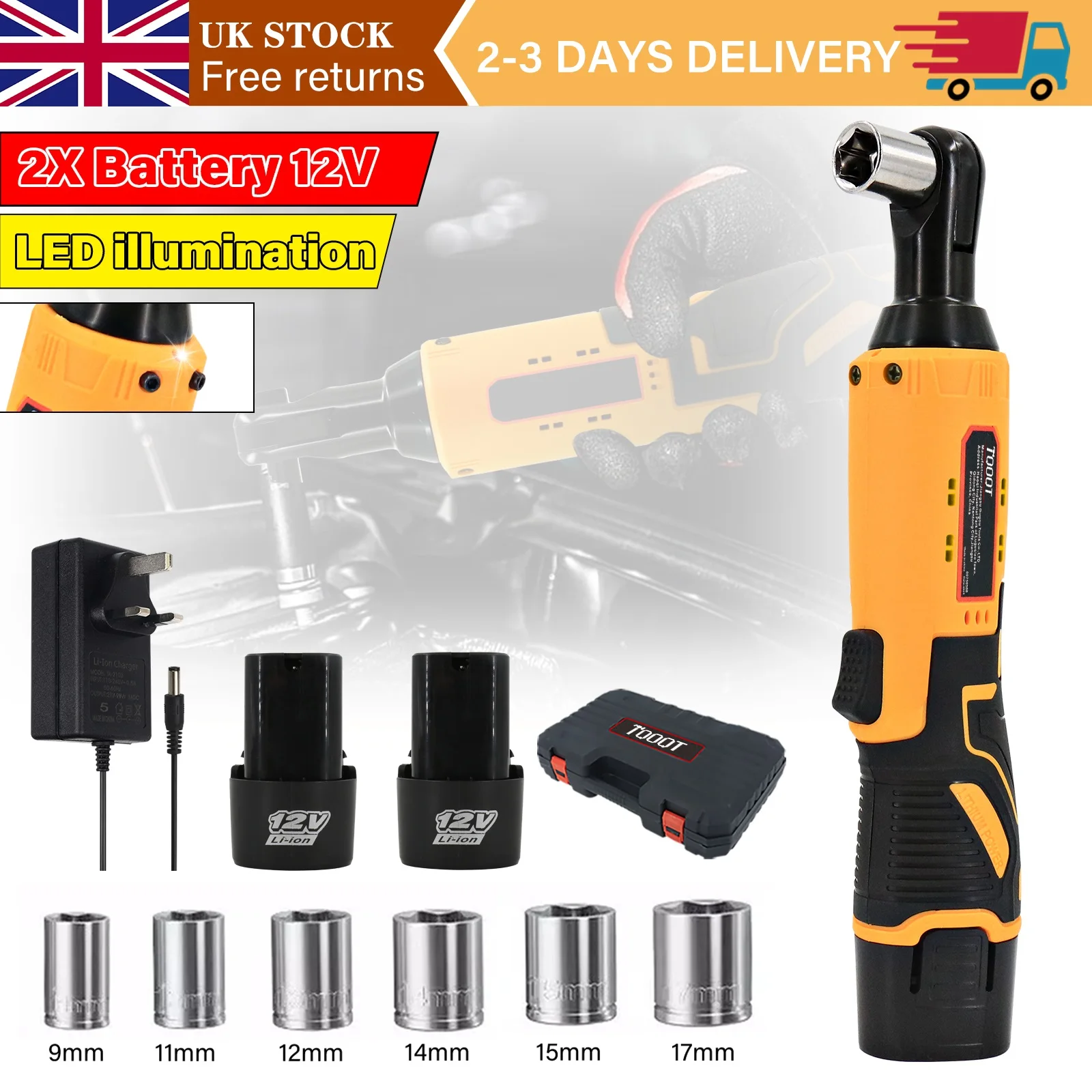 100Nm Electric Cordless Right Angle Ratchet 3/8'' 90° Angle Wrench Power with 2 Batteries 6 Sockets Kit