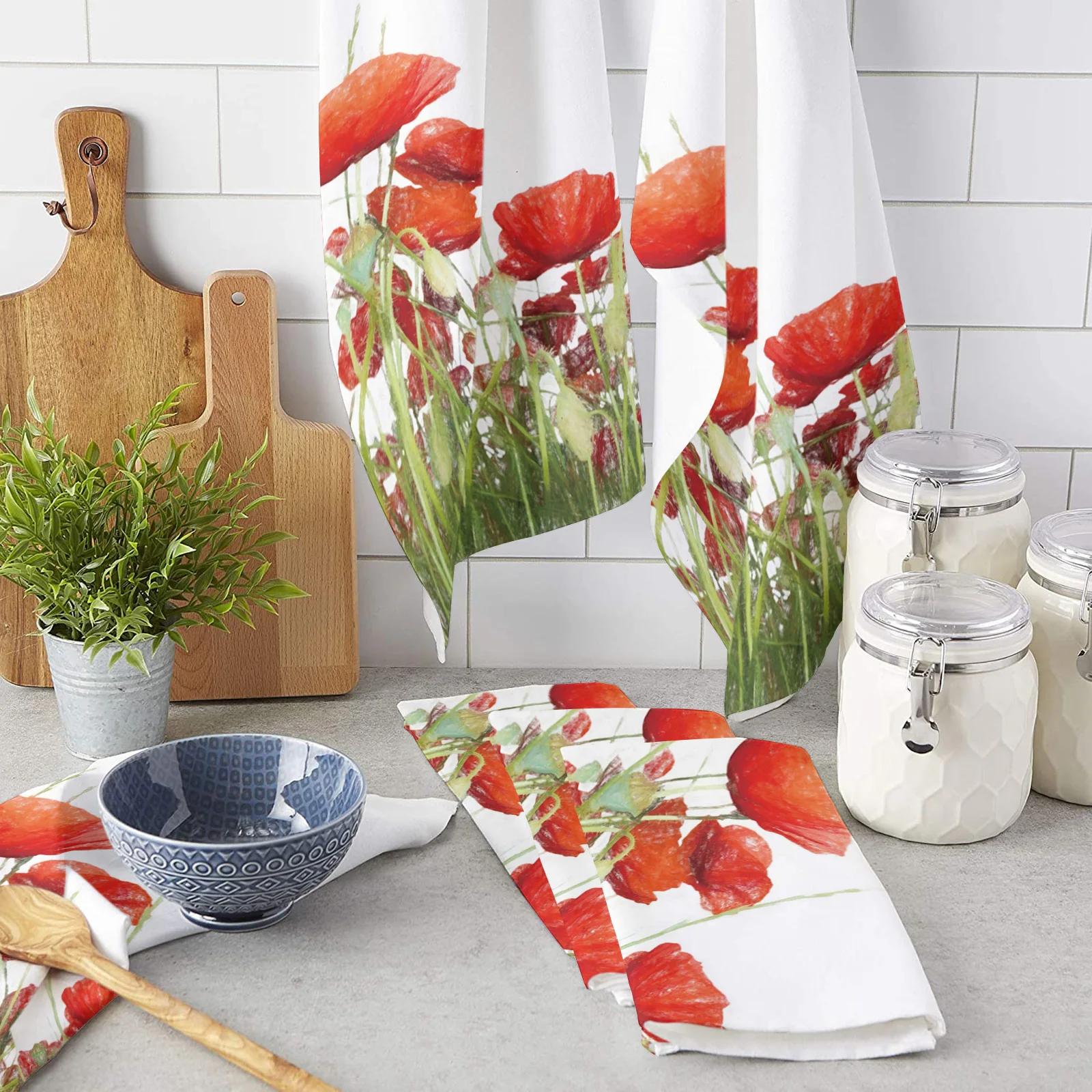 Poppy Flower Kitchen Towel Set Cleaning Cloth Kitchen Accessories Dish Washing Cloth Household Decoracion