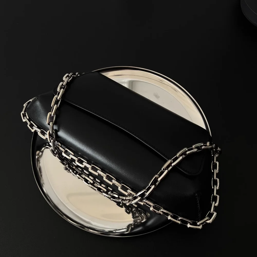 Black Fashion Thick Chain Genuine Leather Bag\\Handbag Women Real Leather Simple Lady Shoulder Crossbody Bag Baguette Bag