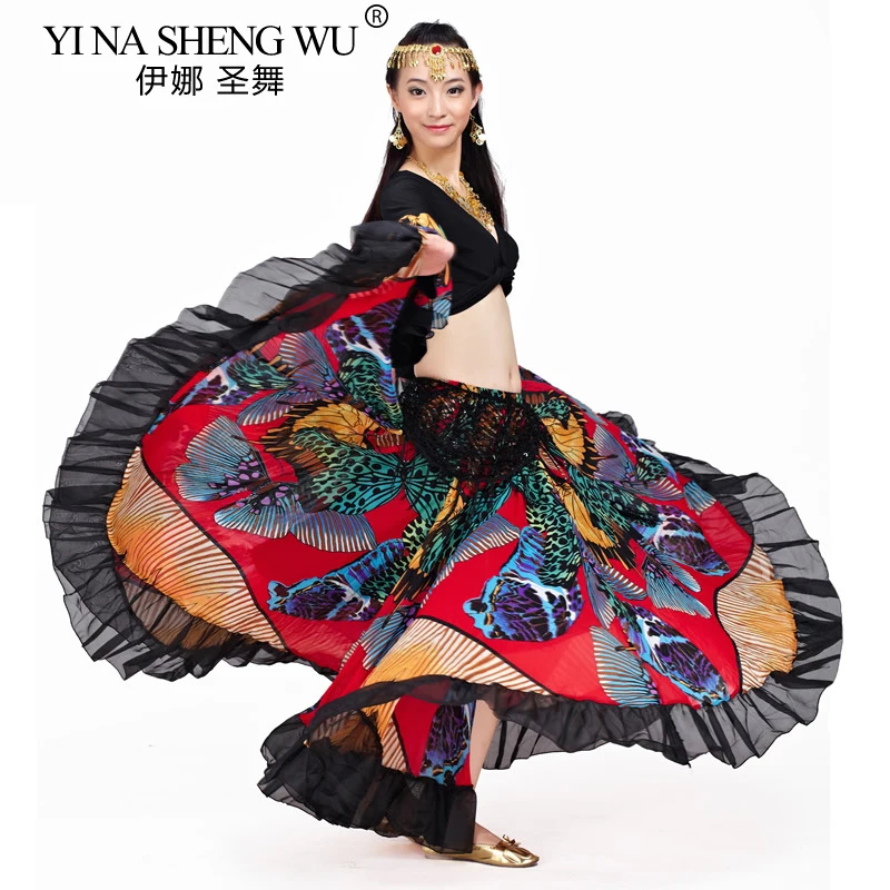 1pc 部族ベリーダンスパフォーマンスジプシースカート蝶全円フラメンコスカート女性ベリーダンススカートシフォン 360 度