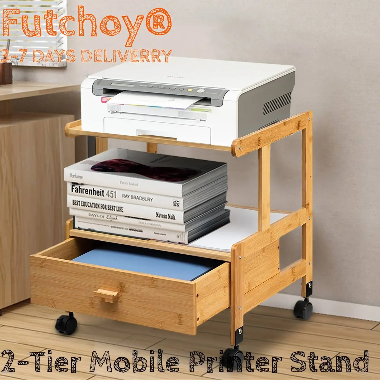 

2-Tier Mobile Printer Stand, Modern Storage Shelf with Wheels as kitchen organizer, plant for bedroom, balcony, study, office