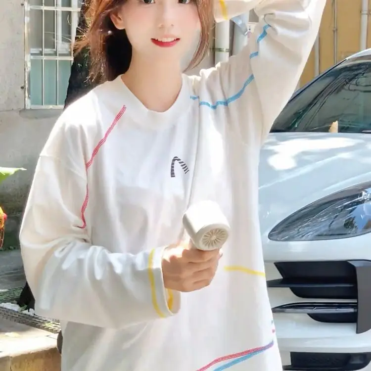   Camiseta Longa Feminina de Moda Americana para Primavera e Outono, Estilo Casual e Solto