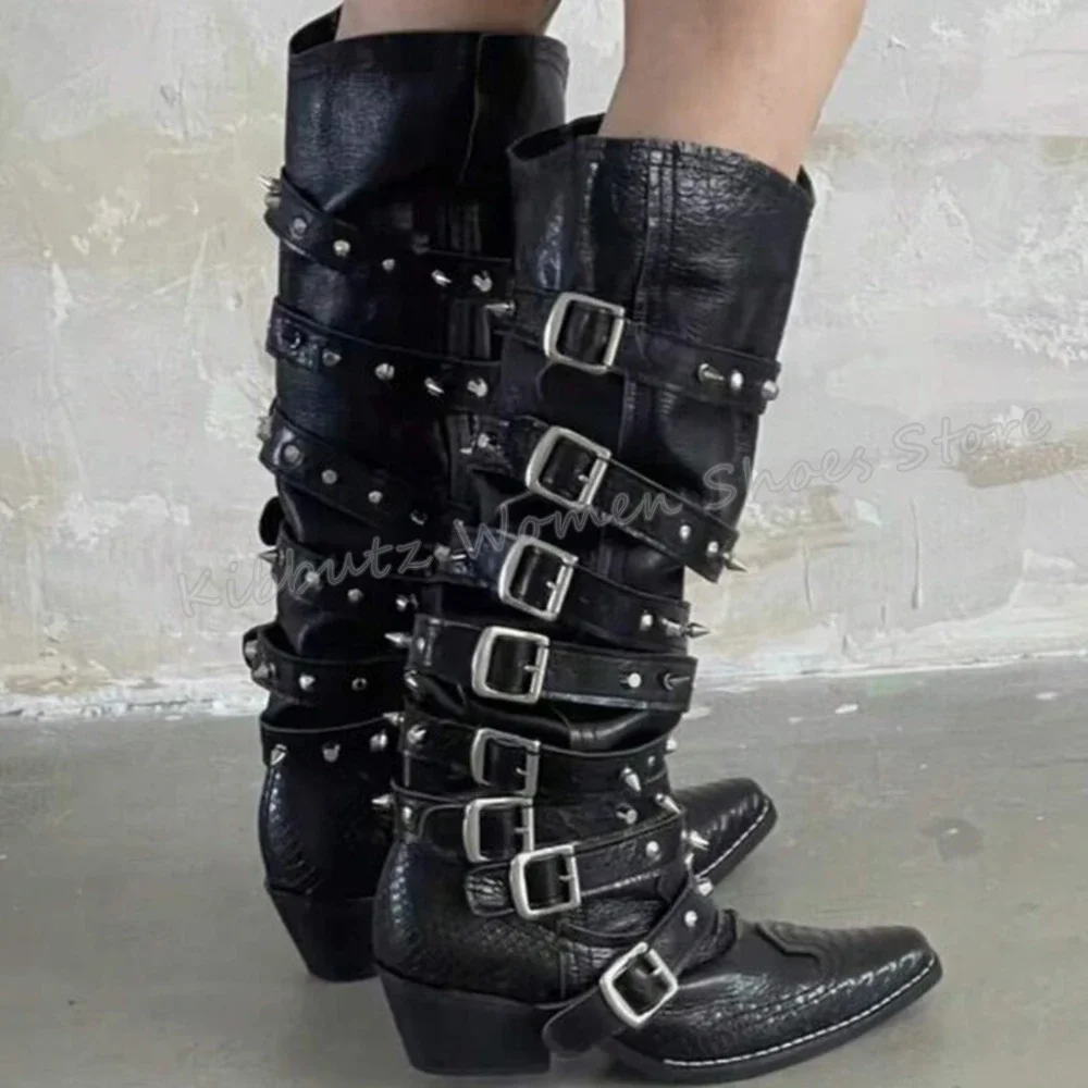

Rivets Boots Knee High Snake Print Leather Punk Fashion Luxury Sexy Belt Buckle Pointed Toe Square Heels Solid Color Shoes New