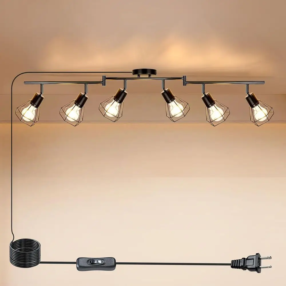 

6-Light Rotatable Black Ceiling Track Lighting Fixture with 16.4ft Power Cord and In-Line On/Off Switch for Kitchen, Living Room