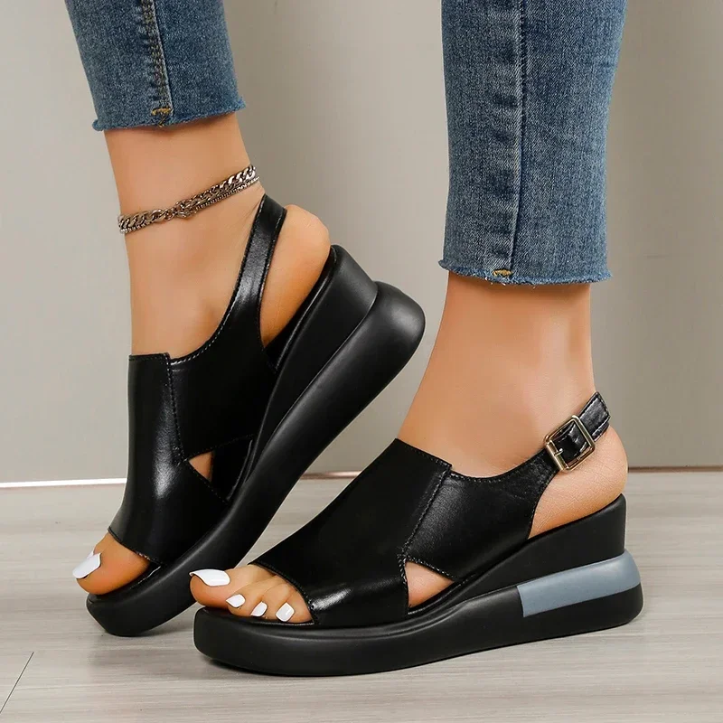 

Summer Women Wedge Sandals Solid Color Open Toe Sandals Outdoor Beach Shoes Casual Fashion Roman Shoes Platform Sandals