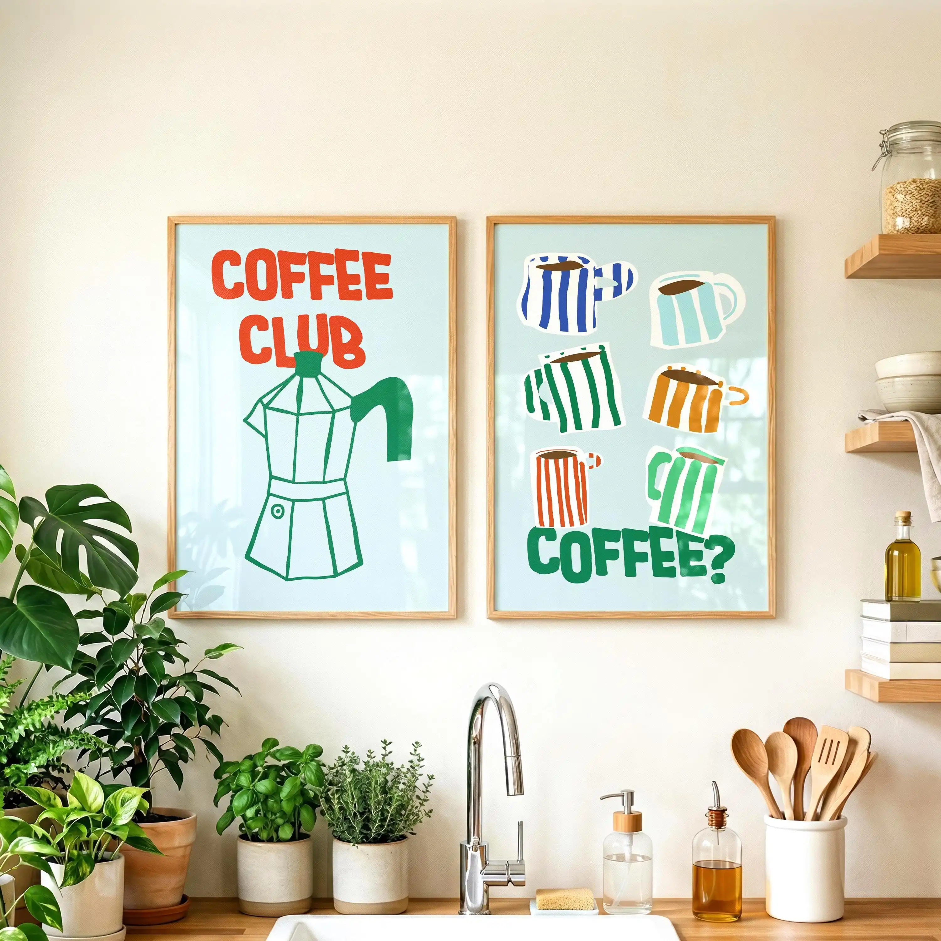 2pcs/set Modern Coffee Club Canvas Posters Unframed Moka Pot & Mugs Wall Art Prints Painting for Kitchen and Living Room Decor