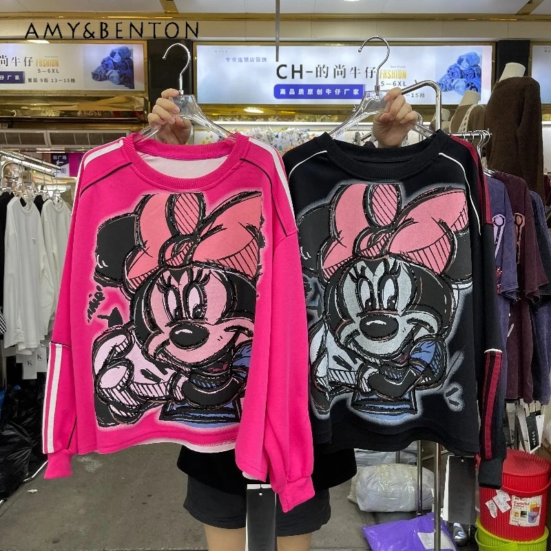 

Autumn New Loose Casual Short Oversized Hoodies Heavy Industry Letter Cartoon Stylish Sweatshirt Long-sleeves Pullover For Women