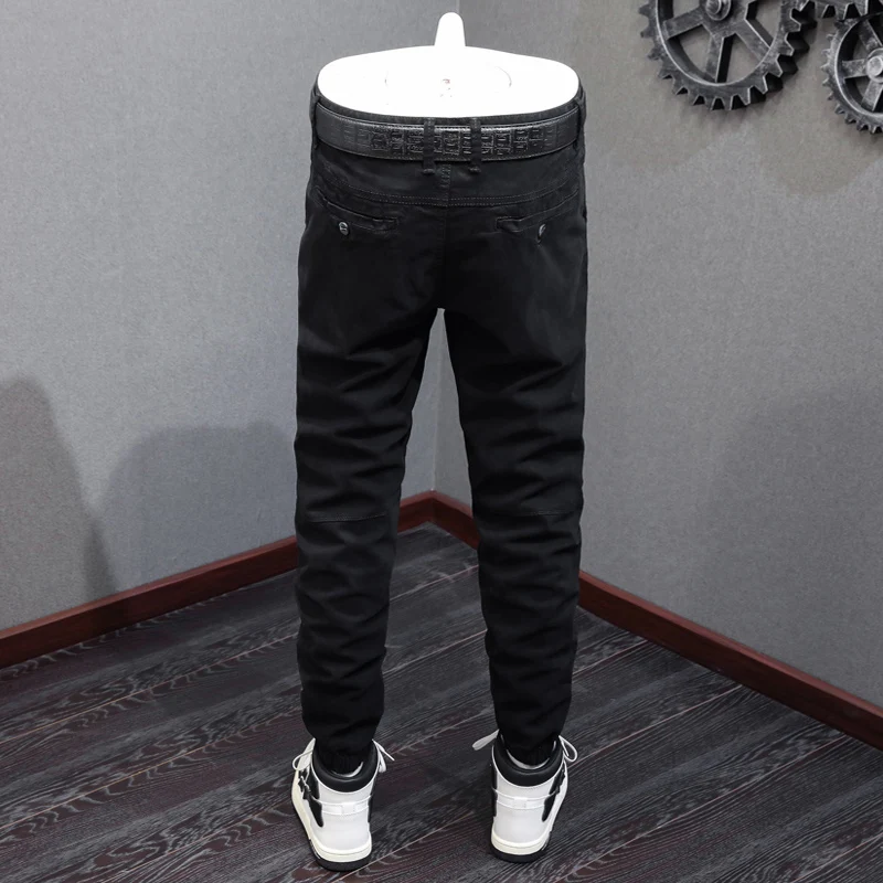 Y2K High Street Fashion New Jeans Washed Nostalgic Stretch Slim Black Jeans Hip Hop Brand Large Pocket High Quality Splicin