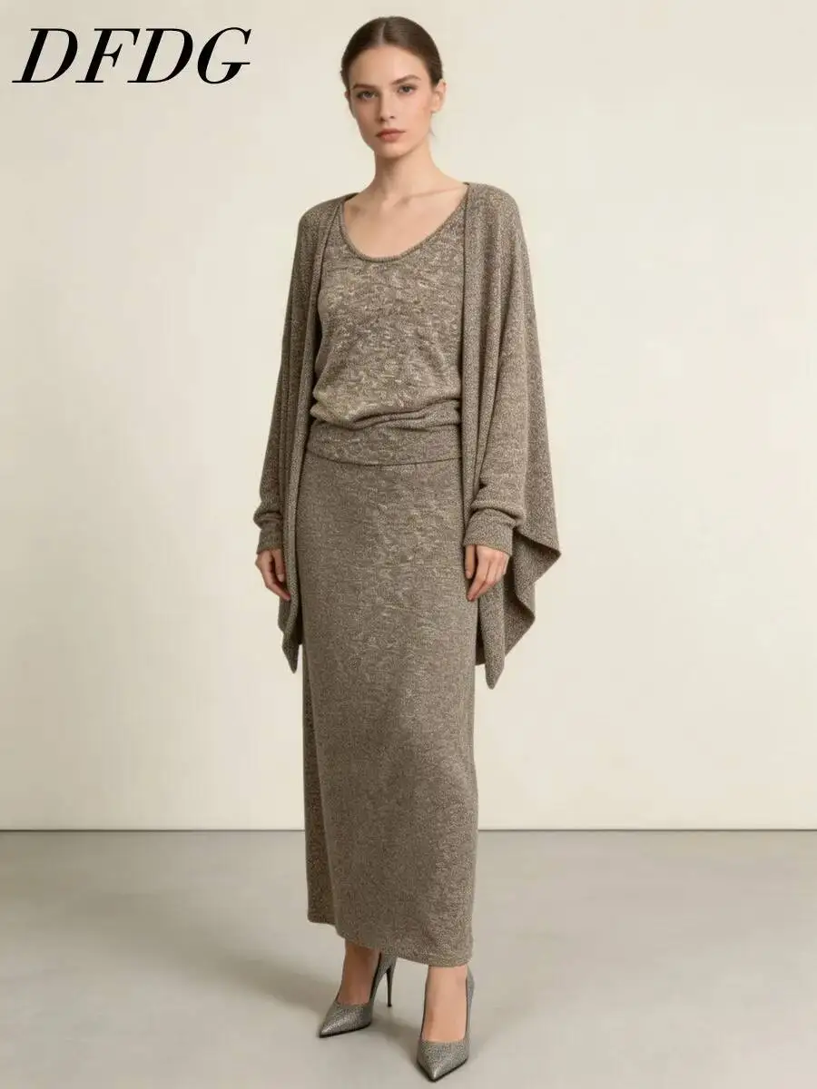 DFDG Women 2026 Knitted 3 Pieces Outfit Loose Batwing Sleeve Cardigan Cami Top Midi Skirt Set Elegant Daily Autumn Winter Suit