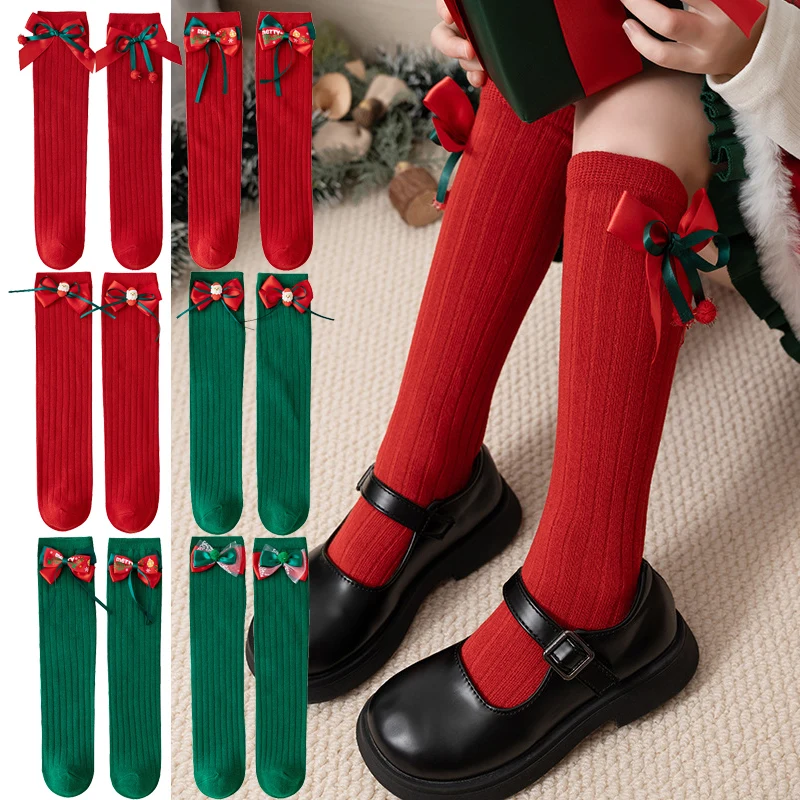 

Baby Kids Christmas Socks for Girls Autumn Winter 2025 New Kids Cute Bowknot Red Green Stocking Xmas Long Socks Fashion Children