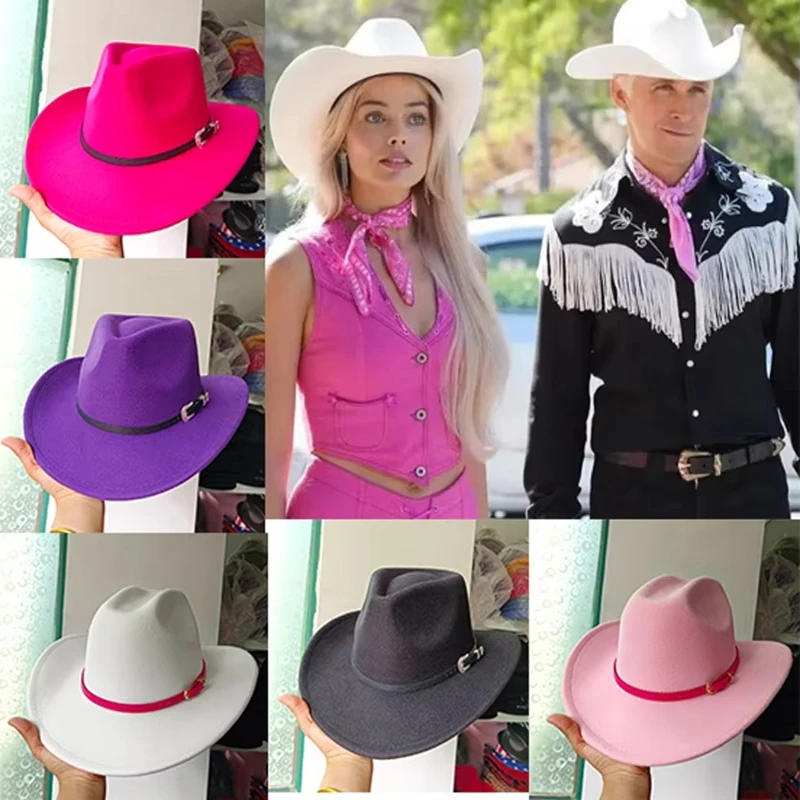 

White Cowboy Hat Bar-bie Western Cowboy Cowgirl Hat Pentagram Pink Ribbon Tie White Cowboy Hat Stage Performance Props Casual
