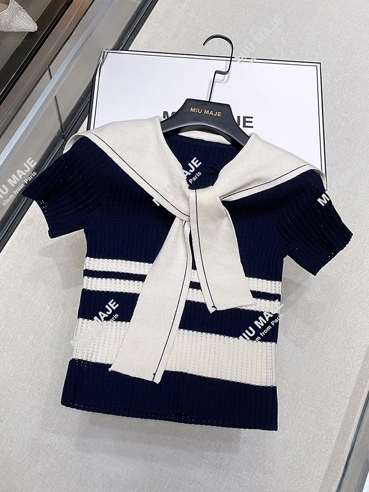 

High-End Summer New College Sle Color Blo Navy Collar Striped Knitted Top Women's Faionable Commute Regular Fit ort S...