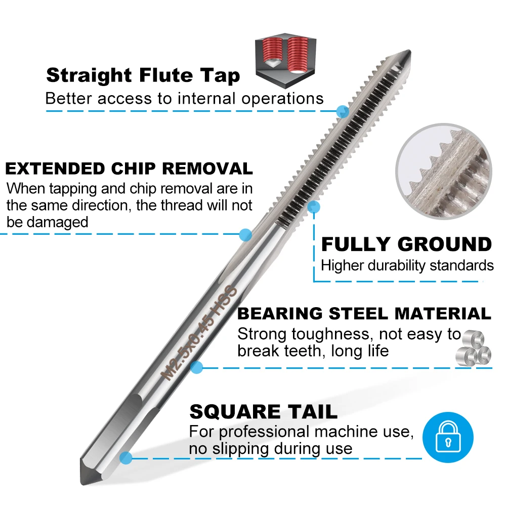 XCAN Metric Tap M1-M3.5 HSS Hand Screw Tap Machine Thread Tap For Metalworking Tools Straight Flute Tap Drill Tapping Tools