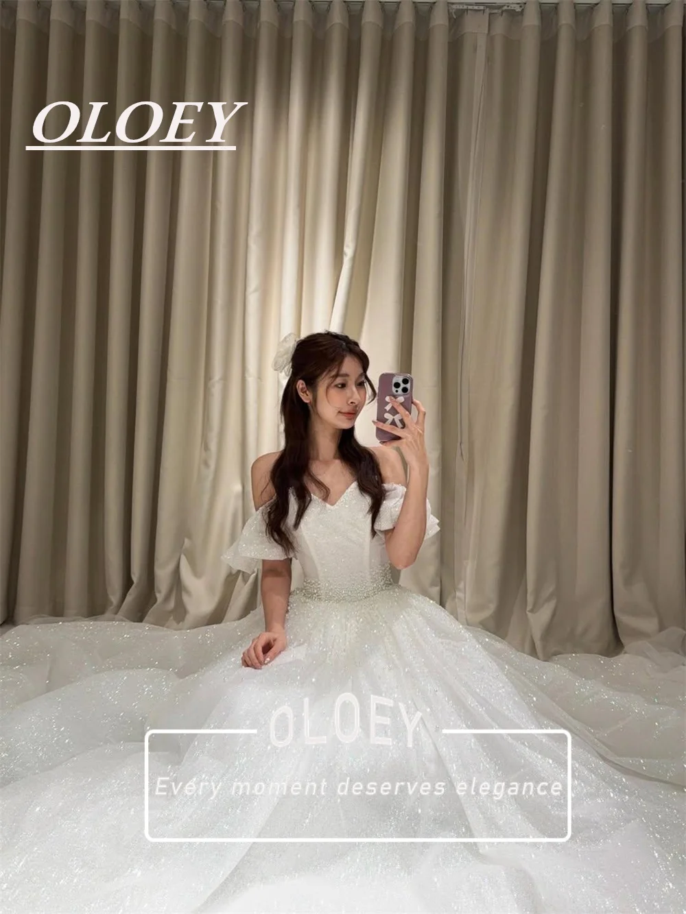 OLOEY Luxury Waist Beads Glitter A-line Wedding Dress Sweetheart Neck Puffy Bridal Gown Lacing Back Customized Korea Photoshoot