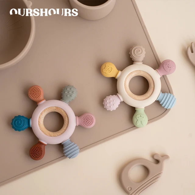 1szt Food Grade Baby Silicone Teether Rudder Shape Wooden Ring Teething Toys BPA Free Infant Chewing Nursing Toy Newborn Gifts
