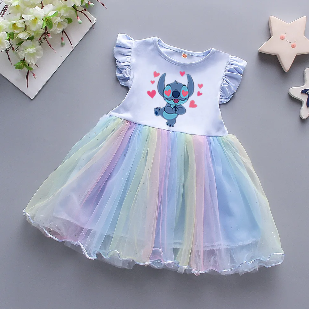 

Disney Stitch Pattern Dress Summer Flying Sleeve One-piece Tutu Dresses Casual Cartoon Mesh Princess Costume Rainbow Tutu Dresse