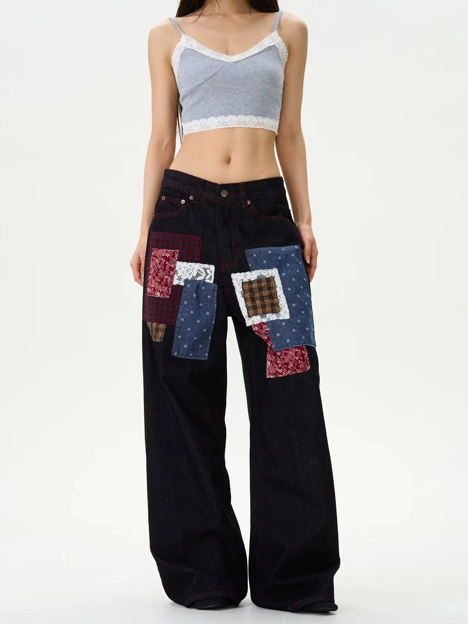 

Patchwork splicing jeans for women in spring and autumn new fashion retro street hotties loose American washed straight pants