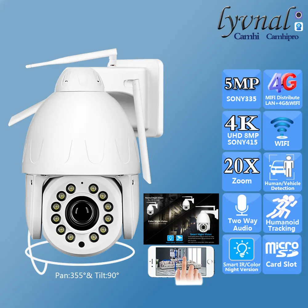 

3G 4G SIM-карта 4K 8MP Беспроводная IP-камера безопасности Wi-Fi PTZ Купольная 20-кратная зум Автоматическое отслеживание людей Двустороннее аудио ИК/цветное ночное видение