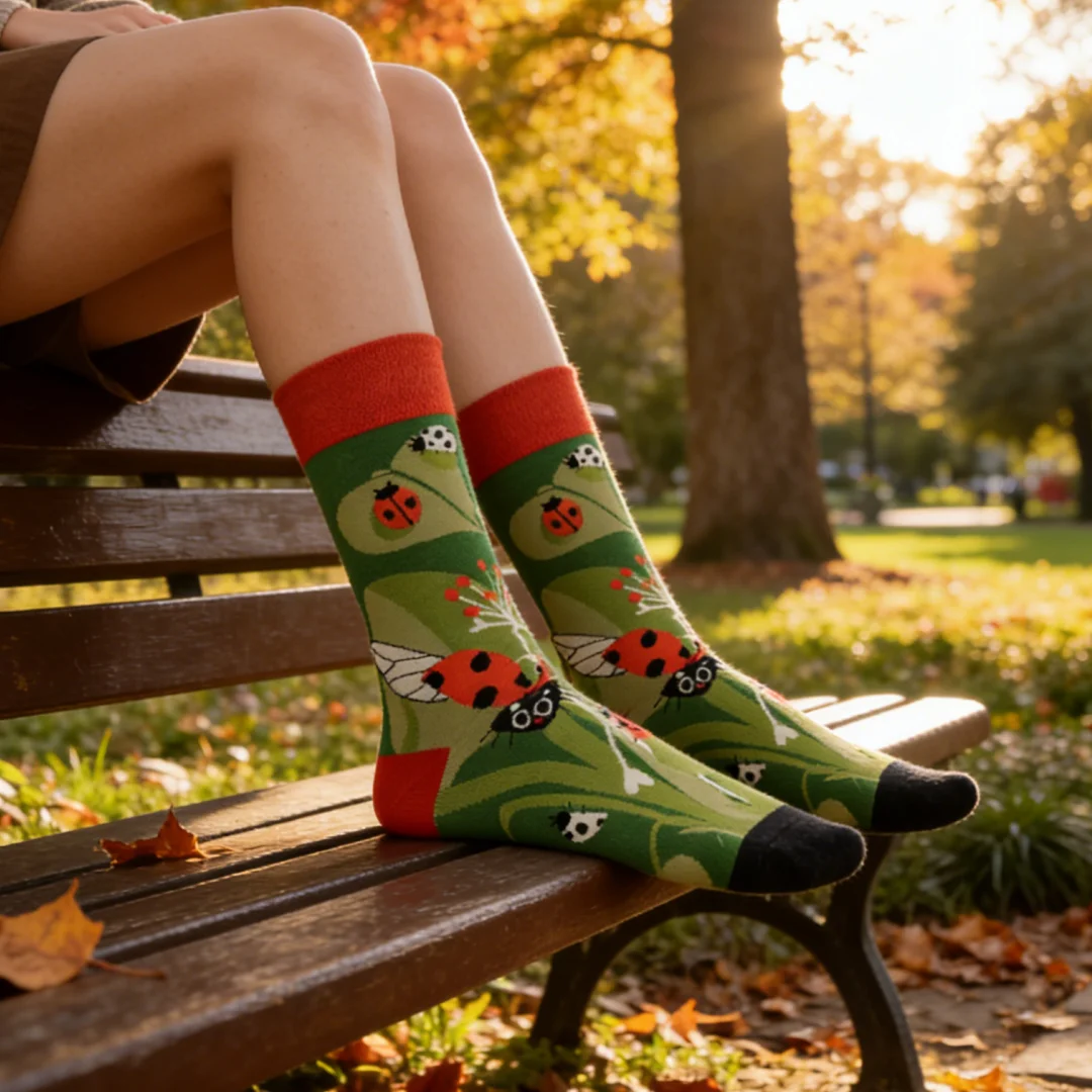 1 Pair Ladybird Pattern Mid-Calf Socks Green Leaves Springlike Design Comfortable Soft Crew Socks for Unisex