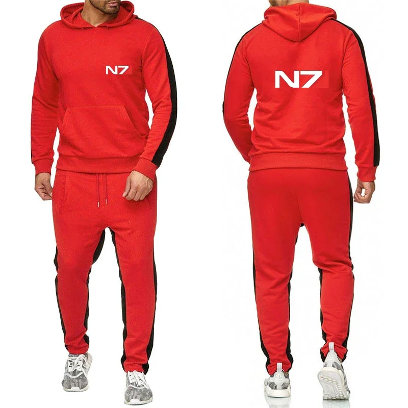 Neues Herren-Sweatshirt, lässig, einfarbig, dicker Pullover, lange Hose, 2-teiliges Set, Herbst-Jogger, Sport, Jogging, gestreifter Anzug