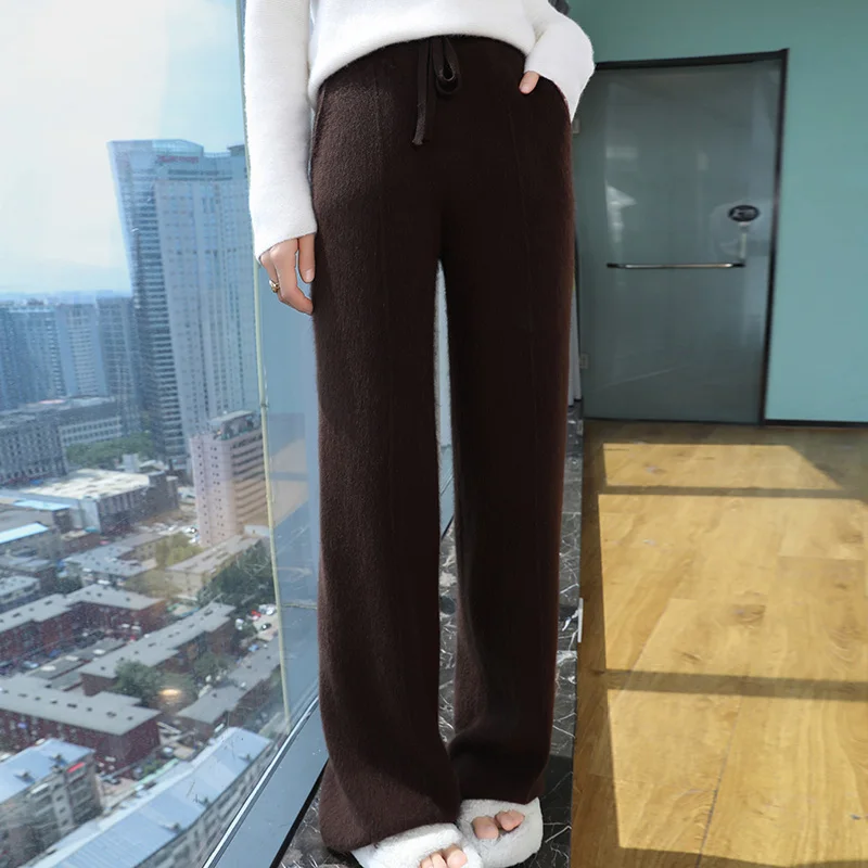 

100% pure mink cashmere women's wide leg casual knitted spring and autumn women's long cashmere pants solid color S-XXL new mode