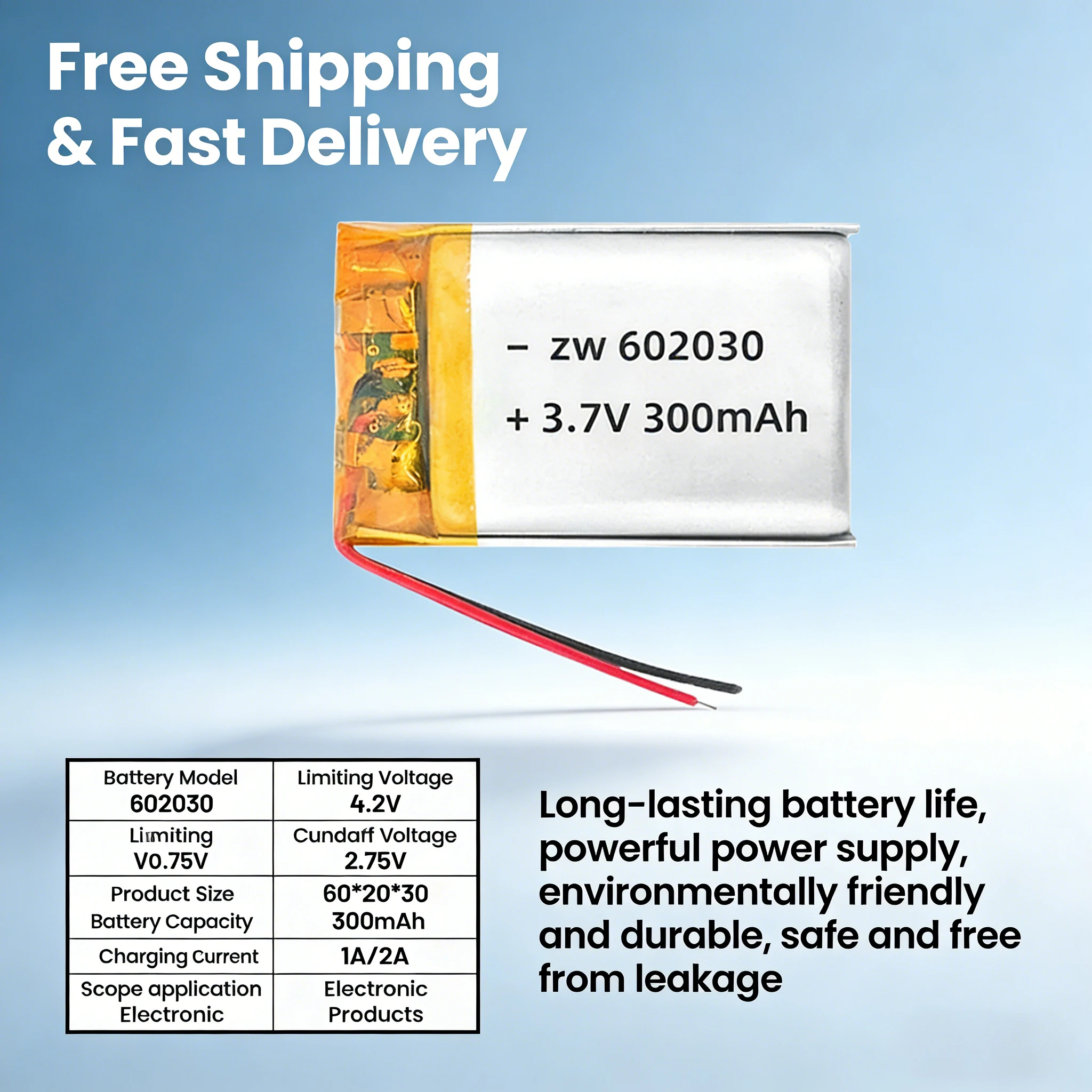 

Rechargeable 300mAh 3.7V 602030 Li-Po Battery for Wireless Headset Facial Massager Digital Recorder Mini Camera Li-ion