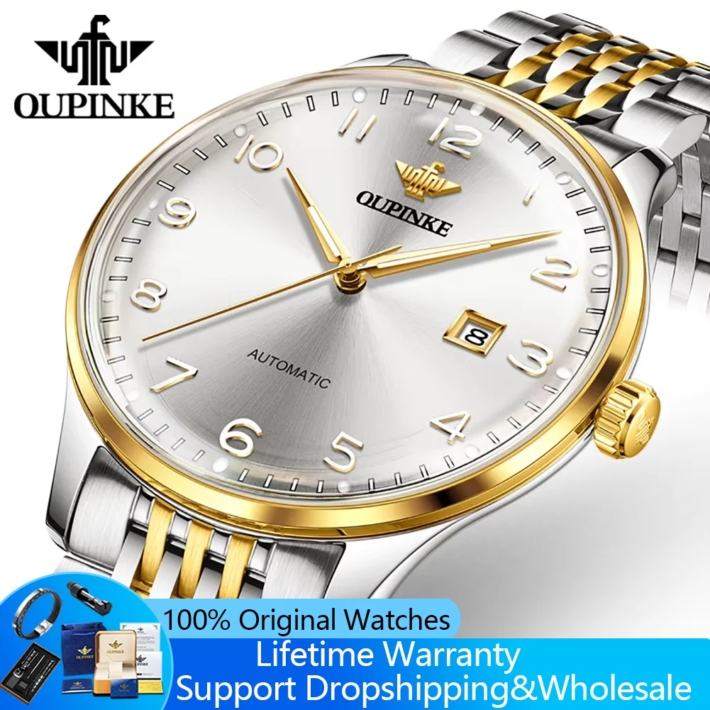 OUPINKE 3319 Original Automatic Watches for Men Stainless Steel Arched Sapphire Mirror Japan Mechanical Movement Man Wristwatch