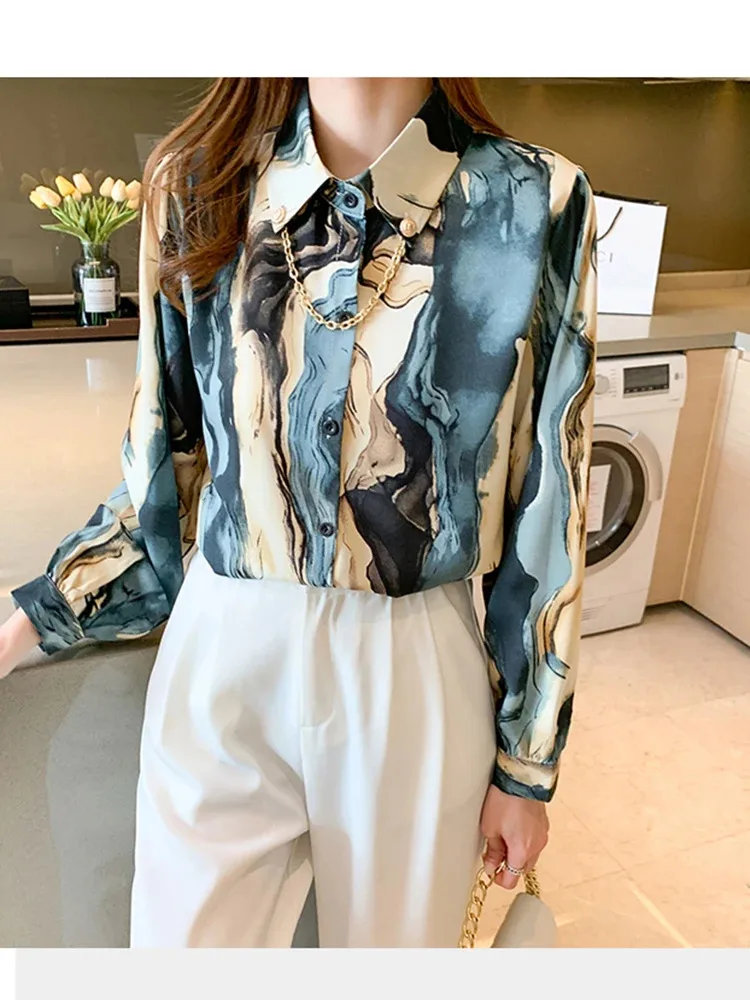 

New Fashion Temperamen Tblouse Women Spring Lantern Sleeves Printed Lapel Blusa Loose Bottoming Shirt Tops KK1715